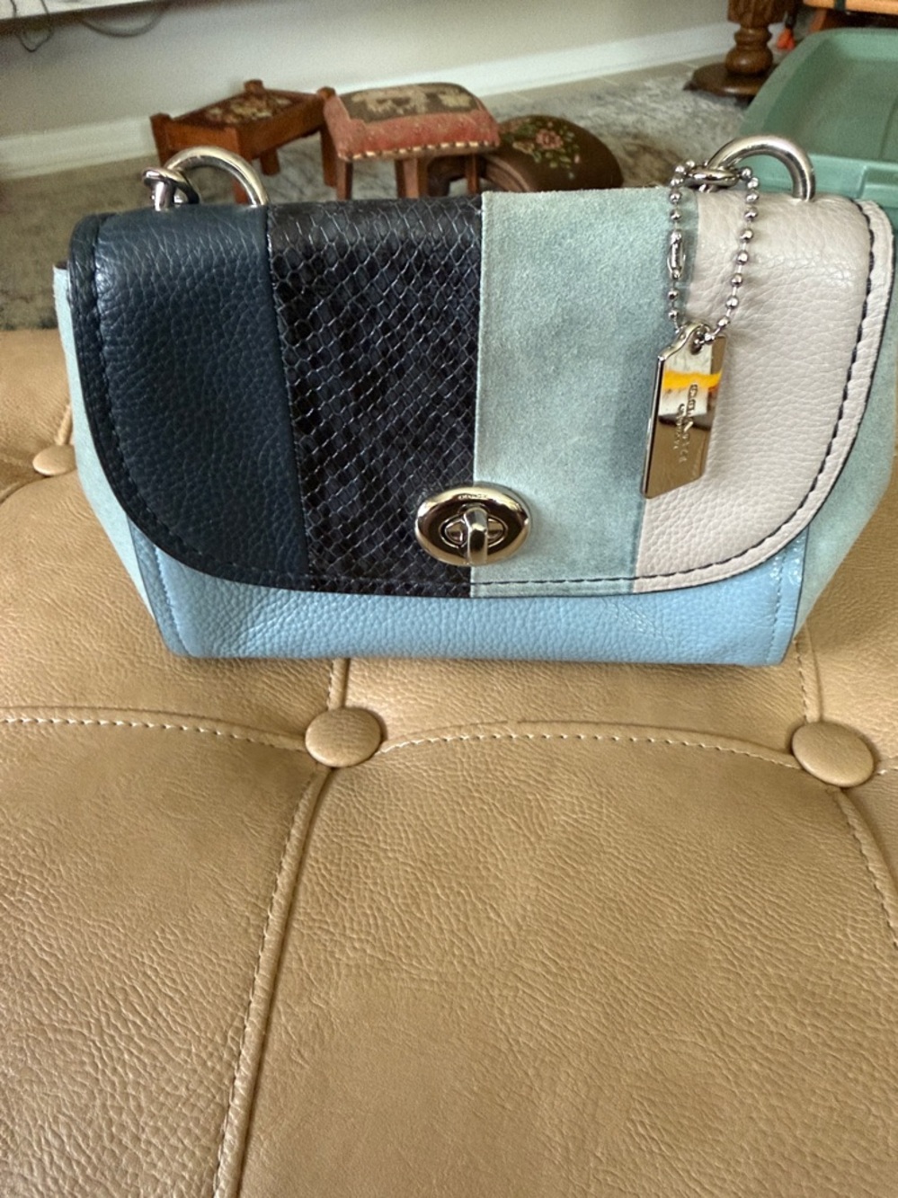 Coach Faye crossbody blue suede, snake python, embossed leather turn lock - Picture 1 of 14